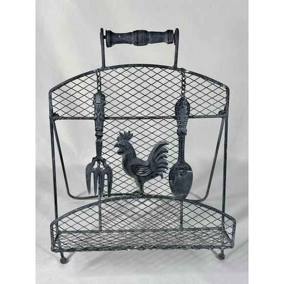 Rustic VTG Metal Rooster Spoon Cookbook Napkins Holder Stand Farmhouse Decor - Picture 1 of 12
